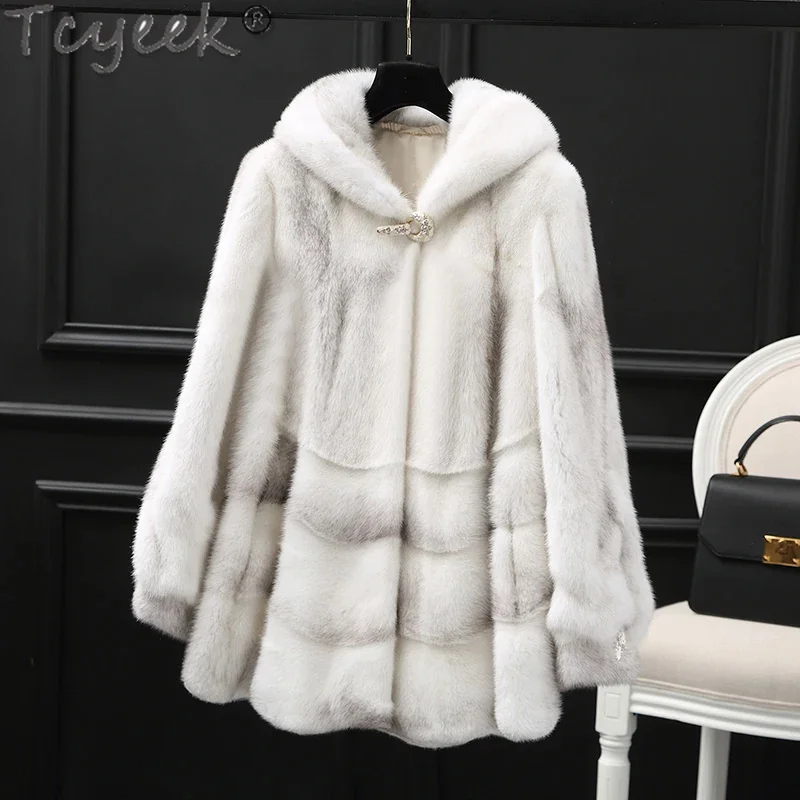 

Tcyeek Natural Mink Fur Coat Women Mid-length Real Jackets Woman Clothes Whole Cross Hooded Coats Winter Jacket 2024