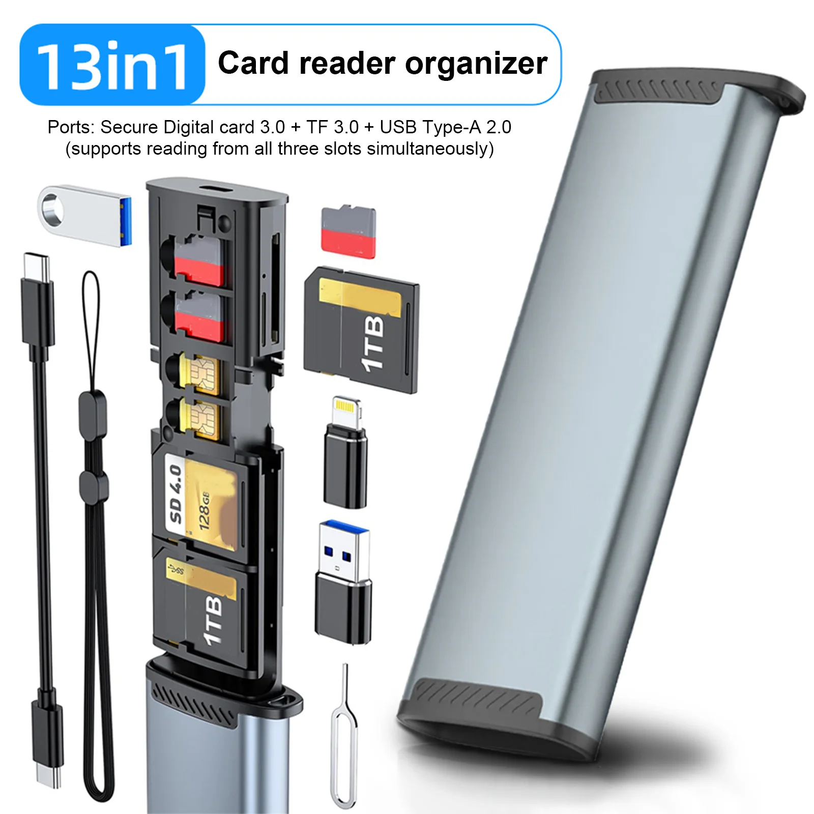 13 in 1 멀티 카드 리더 USB C 메모리 카드 리더 고속 카드 리더 ? ? USB 2.0 타입-C 휴대용 알루미늄 합금 저장 박스