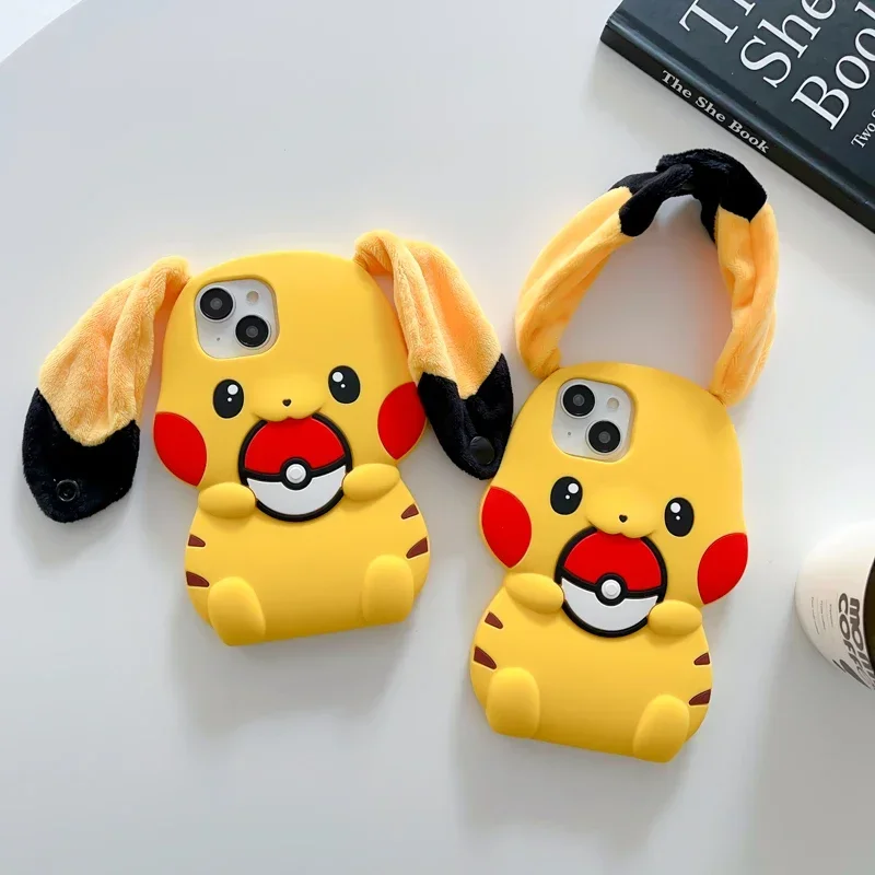 

3D Stereo Plush Cartoon Cute Pikachu Phone Cases for IPhone 15 14 13 12 11 Pro Max XS MAX 8 7 Plus SE Anti-fall Cover