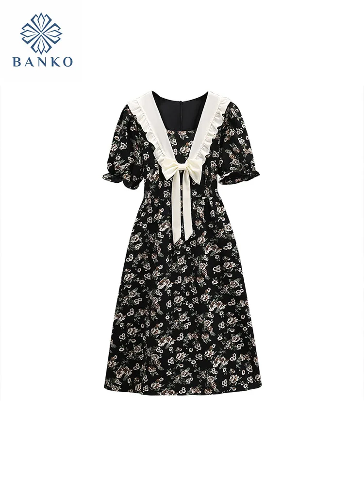 

American Style Vintage Peter Pan Collar Bow Floral Dress Summer Women Sweet Slim A-Line One-Piece Frocks Elegant Prairie Chic