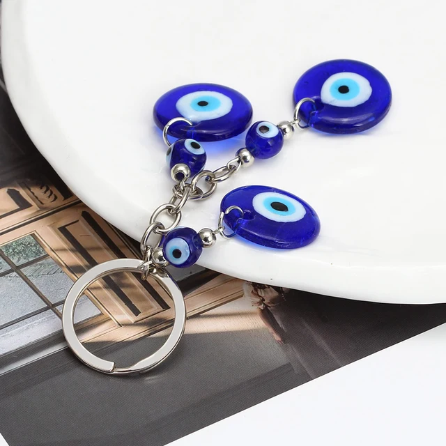 AllTopBargains Evil Eye Keychain Ring Blue Glass Beads Good Luck Charm Protection Car Hamsa New, Adult Unisex