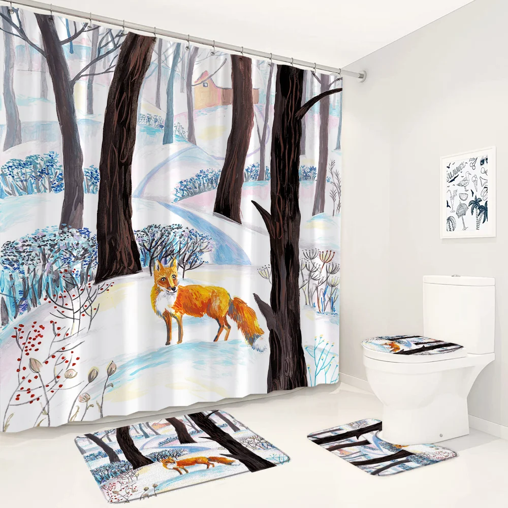 

Cartoon Animal Shower Curtain Bath Mat Set Hand-painted Woods Fox Art Bathroom Decor Floor Rug Bathtub Carpet Toilet Lid Cover