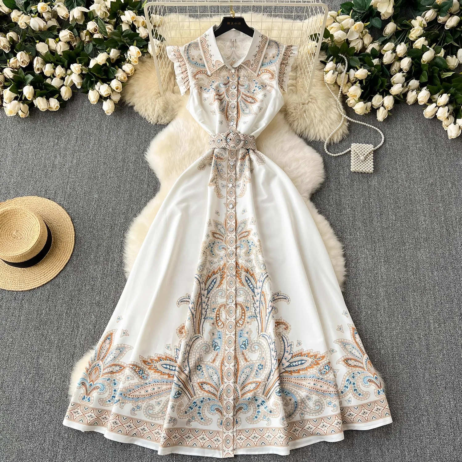 

Vintage Elegant Summer Shirt Collar Dress Bohemian Women Single Breasted Flying Sleeve Flower Print Linen Belt Holiday Long Robe