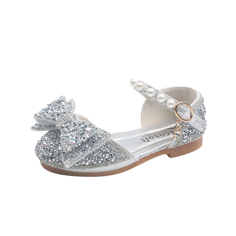 AINYFU Children's Sequins Sandals Girls Sweet Bow Rhinestone Princess Shoes Fashion Non-slip Flat Kids Soft Bottom Sandals