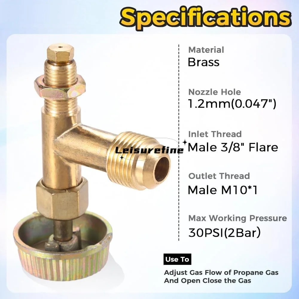Brass Needle Valve 3/8" Male Swivel Flare Propane Gas Stove Needle Control with Air Intake Burner Damper Spring Holder Outdoor BBQ Camp