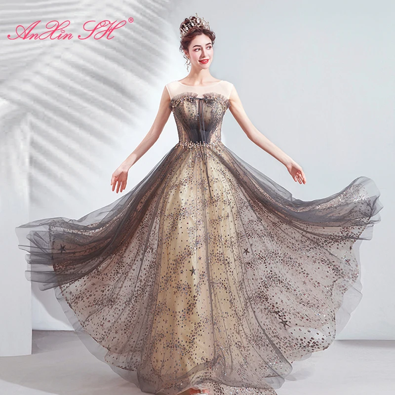 

AnXin SH princess grey lace evening dress vintage bride o neck sleeveless beading crystal little bow evening dress 6960