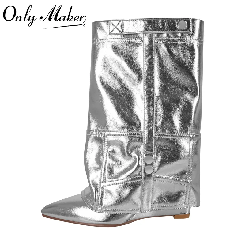 Onlymaker 여성용 포인티드 토 웨지 힐, 미드 카프 폴드 오버 부츠, 실버 웨지 힐, 패션 빅 사이즈 수제 부티