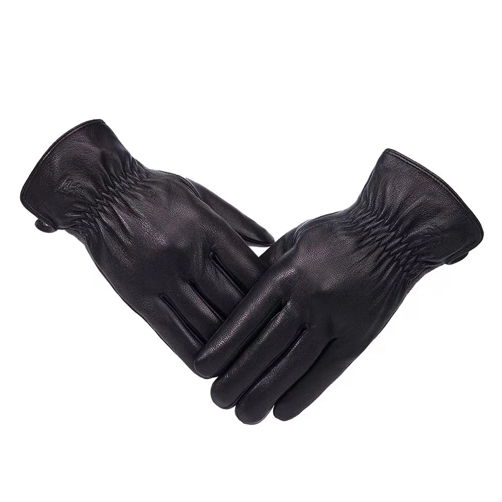 Warm Gloves Leather Gloves Men's Sheepskin Deer Skin Pattern Plush Lining
