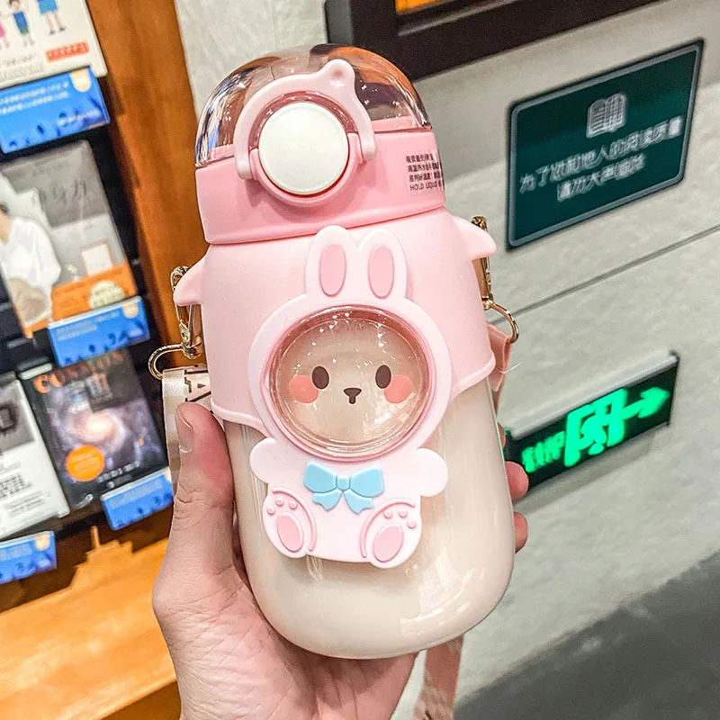 Kawaii Water Bottle,Outdoor Travel Drinking Tumbler with Straw Cute Cartoon  Leak Proof Mug Portable Sport Cup 24oz