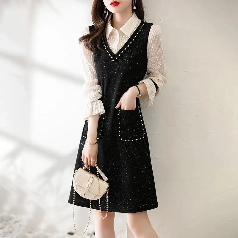 

Spring Autumn Elegant Chic Vintage Dresses Women Clothing Fake Two Pieces Long Sleeve Pullovers Fashion Harajuku Y2K Vestidos