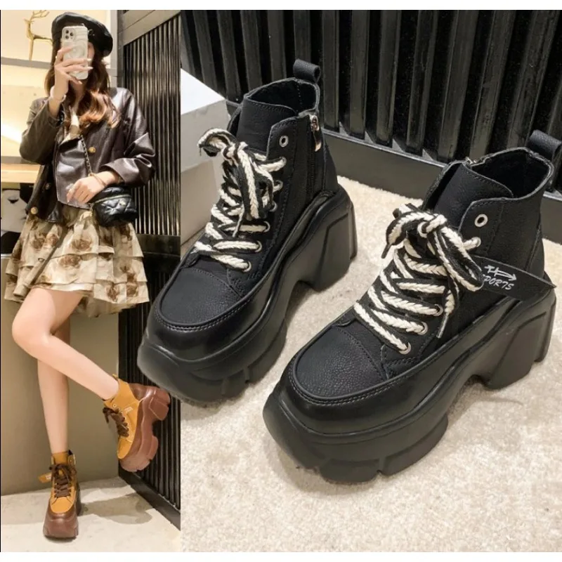 

Женские кожаные ботильоны на платформе, повседневные массивные кроссовки на танкетке со шнуровкой и скрытым каблуком, Осень-зима 2024