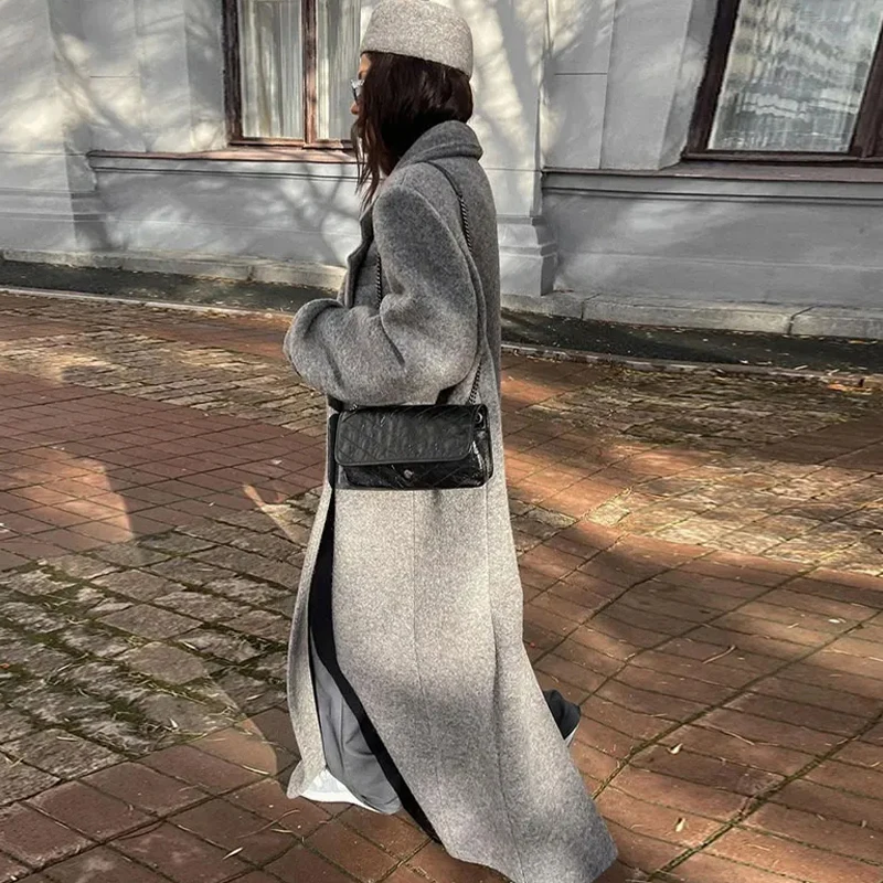 Fashion Woolen Long Coat Women Autumn Full Sleeve Button Fake Pocket Split Yellow Overcoat Elegant Oversize New in Outwear
