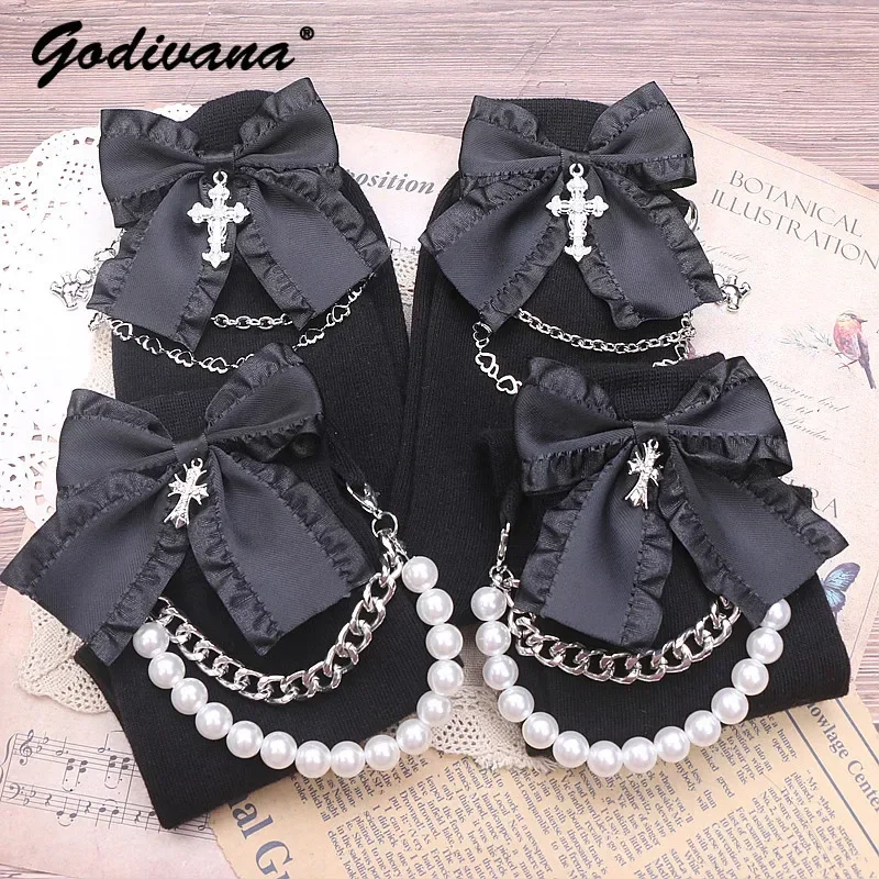 Japanese Mine Dark Style Pearl Chain Rhinestone Bow Short Socks Cotton Black Sweet Girls Lolita Clothing Matching Socks