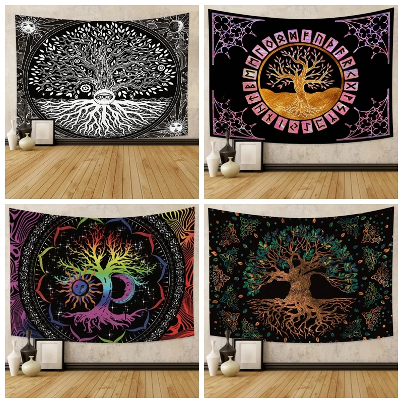 

Tree Of Life Tapestry Trippy Mandala Wall Hanging Hippie Moon And Sun Black Galaxy Stars Colorful Mystic Bohemian Boho For Home