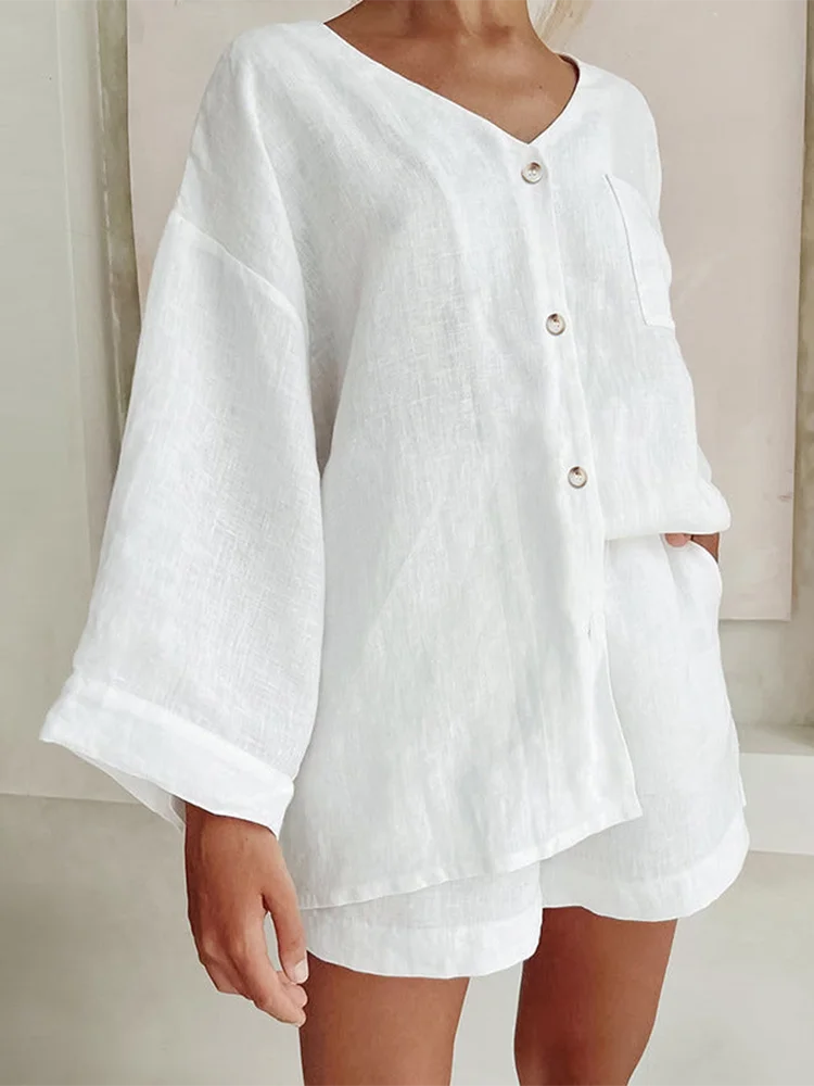 

Msfancy белые короткие комплекты, женские хлопковые костюмы из 2 предметов, Mujer 2023, свободная рубашка в стиле бохо, шорты с эластичным поясом, пижамные костюмы