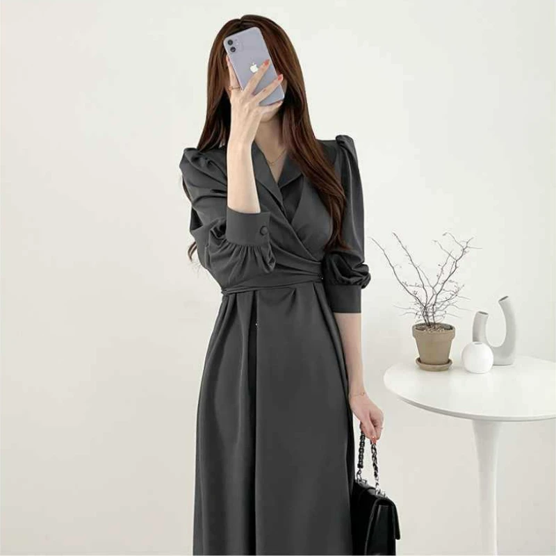 

Платье-рубашка женское средней длины, элегантное платье во французском стиле, с запахом, пузырьковым рукавом, с перекрестными завязками на талии, на раннюю весну