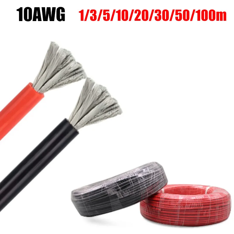 10AWG Heat Resistant Silicone Wire Cable Tinned Copper Red Black Flexible Electrical Wires For Solar Panel Automotive Battery