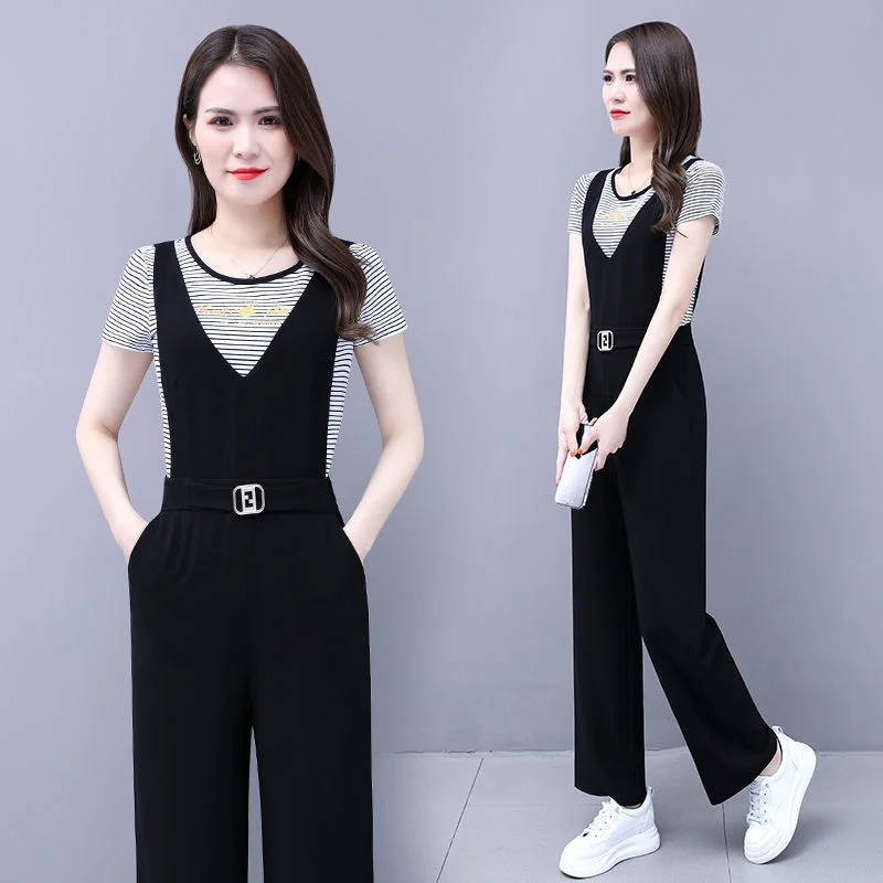Women's Suspender Wide Leg Pants And T-shirt Two Piece Set