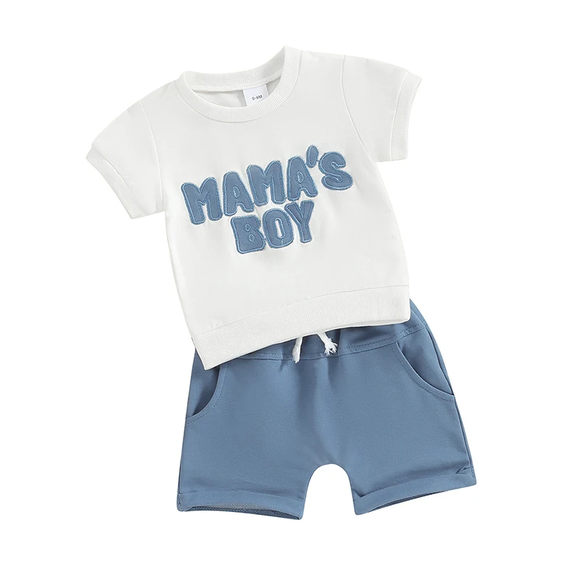 Toddler Boy Summer Shorts Set Letter Embroidery Short Sleeve T-Shirt with Solid Color Shorts 2Pcs Outfit