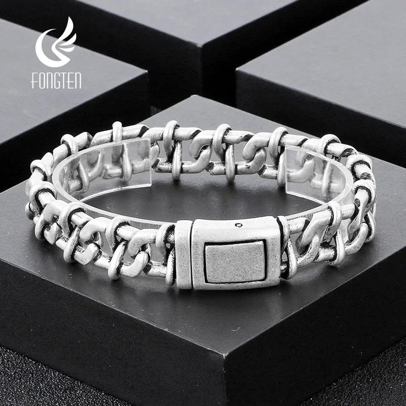 

Fongten 22cm Men Bracelets Stainless Steel Cuban Chain Charm Bangle Bracelet for Men Hip Hop Ancient Silver Color Wrist Jewelry