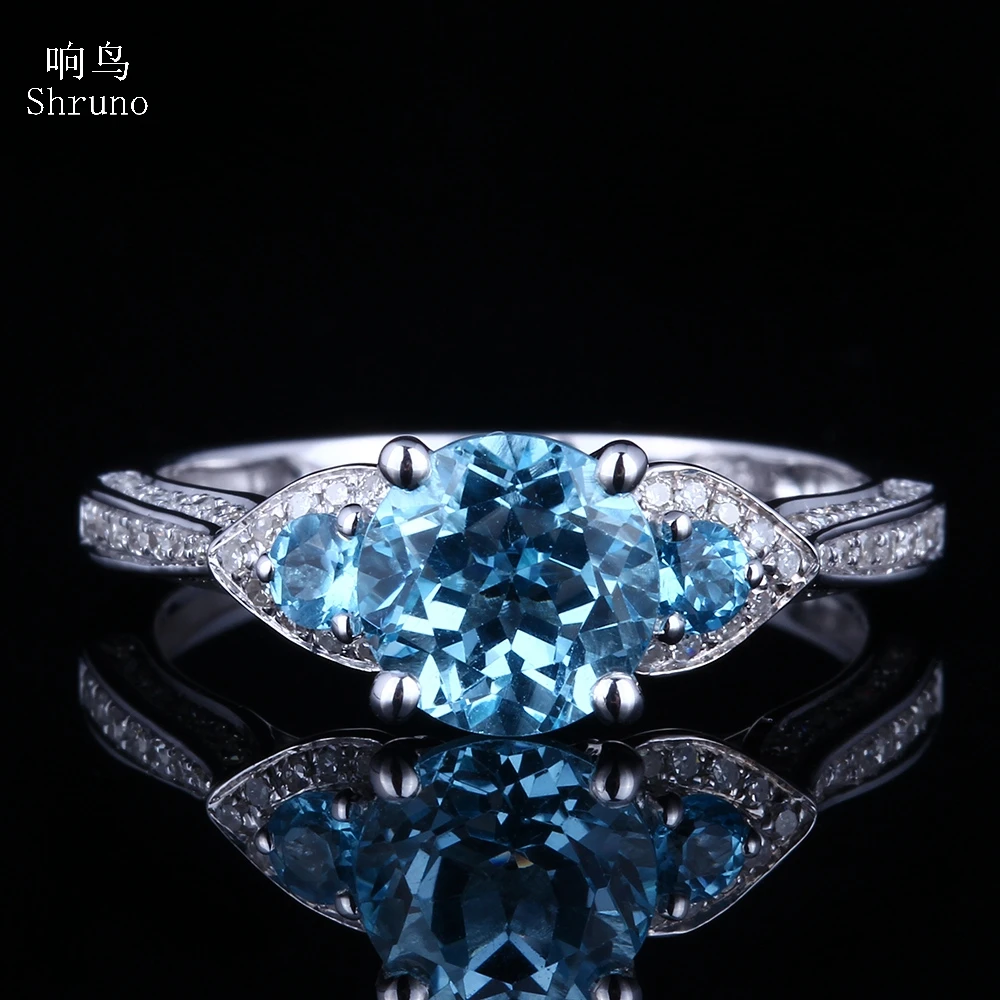 

Shruno Solid 14K White Gold Flawless Round 6.5mm Natural Sky Blue Topaz Diamonds Ring Elegant Ladies Wedding Fine Jewelry Gift