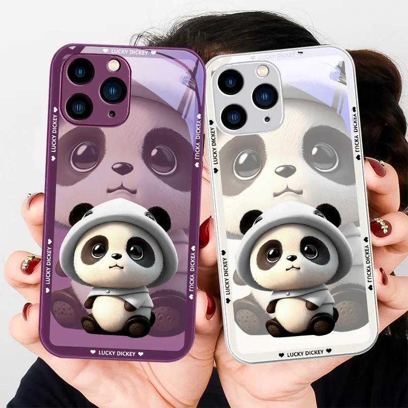 

Purple Metal Painted Glass Phone Case for Iphone 14 13 12 11 Pro Max X XS XR 7 8 Plus 2020 SE A Cute Panda with A White Hat