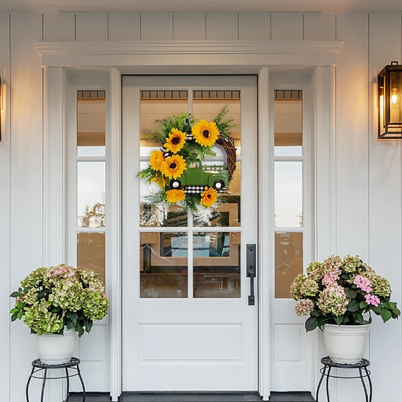 

Искусственная фотография с грузовиком для входной двери, желтый декоративный цветочный дверной венок, приветственный знак, настенное украшение для дома, новинка