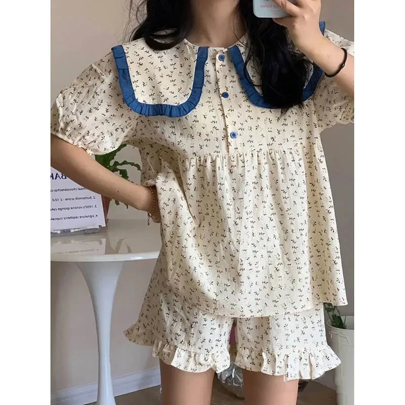 Salior Collar Sleepwear Women Pajama Sets Korean Short Sleeve Piiama Summer Set 2 Pieces Floral Night Wear Sleeping Home Suit