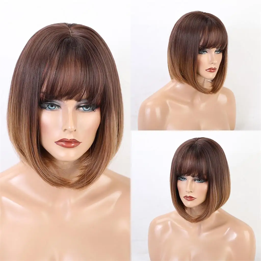 

Short Length Wigs for Women Fiber Straight Synthetic Hair ( , Brown) - Ombre Brown, 12 inch