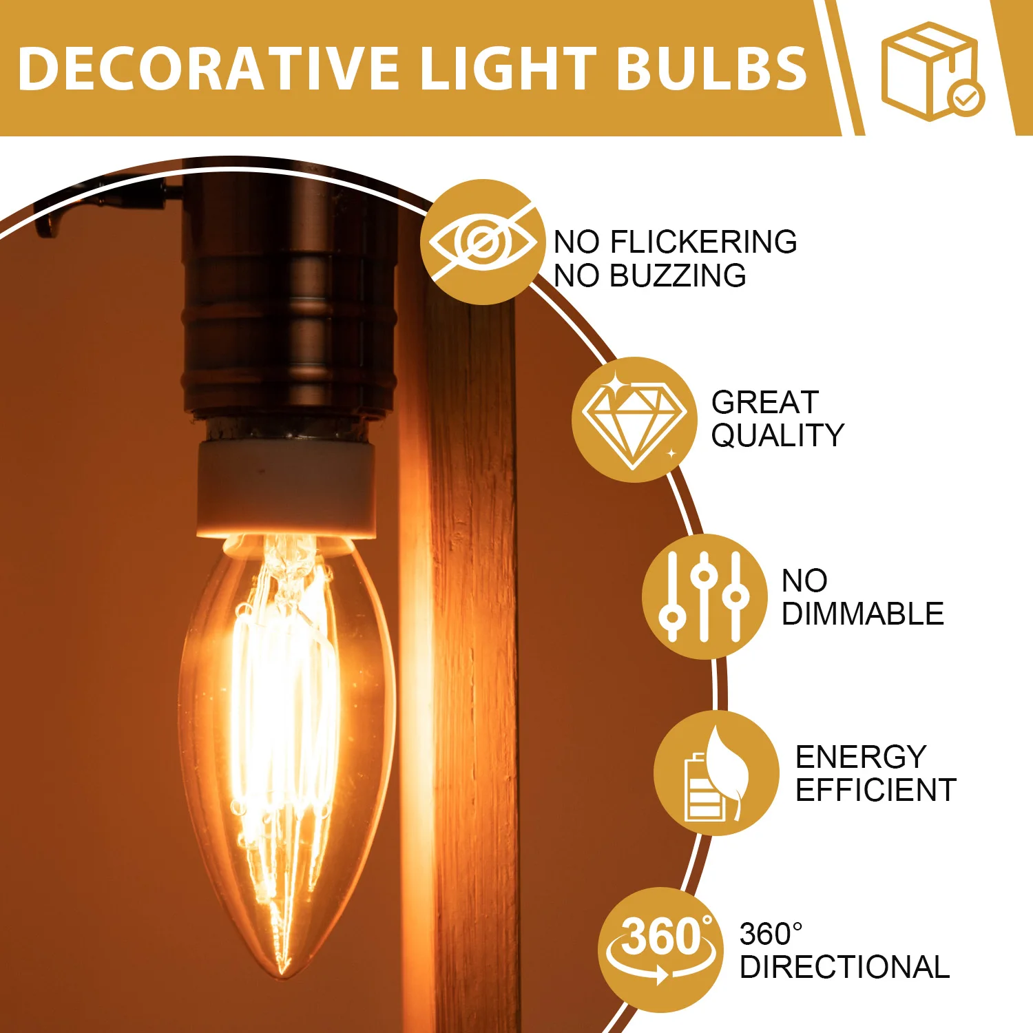 C35 Amber Candle Edison LED Filament Bulbs E14 3W 1800K