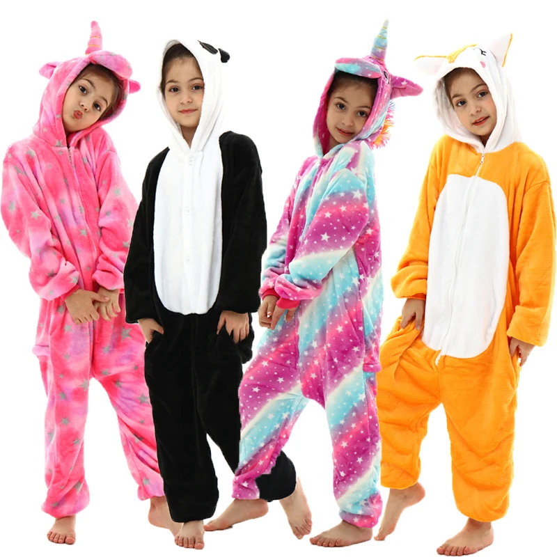 Kids Kigurumi Pajamas Cartoon Suit Onesie Boy Girls Fleece Unicorn Pijama One-Piece Overall Zipper Bodysuit Children's Clothing