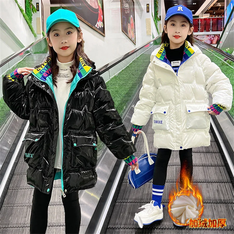 

2023 Russian Winter Down Cotton Jacket For Girls Waterproof Shiny Warm 5-14Years Teenage Hooded Thicken Coat Kids Parka Snowsuit