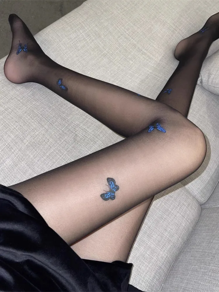 Sexy Women Black Tights Vintage Butterfly Print - Uniqwear