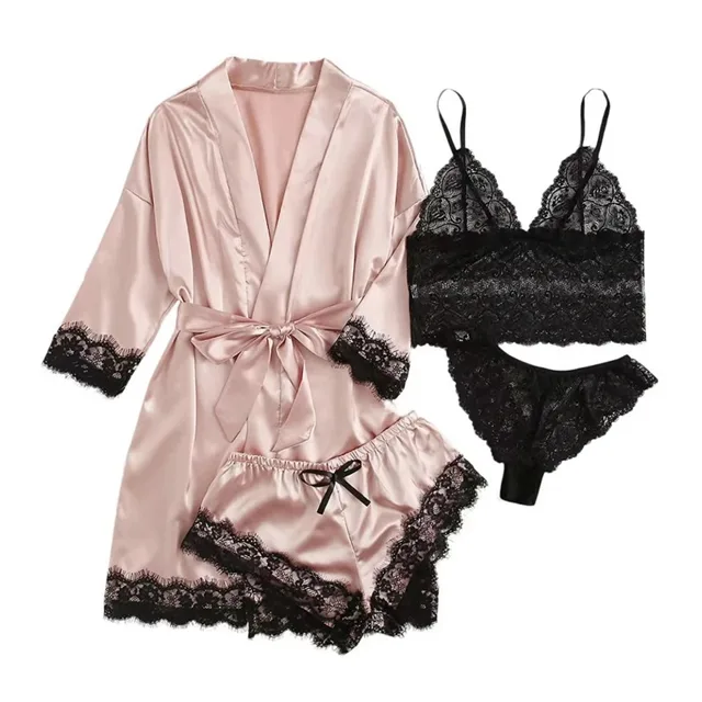 Ensemble pyjama en satin 4 pièces avec robe – Haut de pyjama à bretelles et short avec bordure en dentelle, le pyjama élégant incontournable pour femme