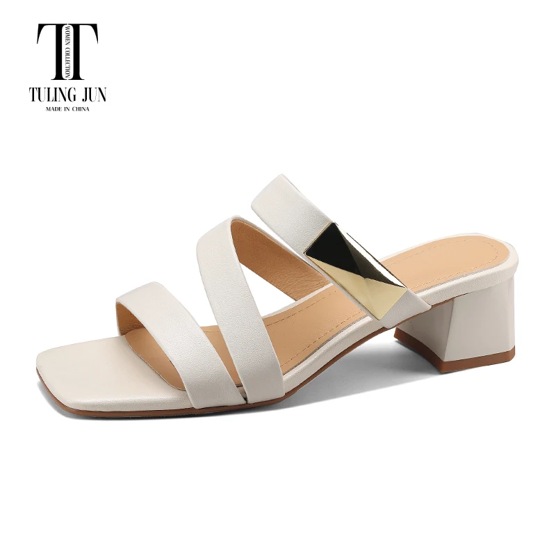 

TULING JUN Concise Summer 2023 Lady Open Toe Sweet Solid Color Metal Decoration Slippers Med-Heel Sandals For Women MAMA-6053