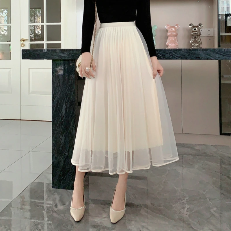

Double Side Gauze Skirt Women Autunm 2023 New High Waist Slimming Mid-Length Large Swing Beige Voile Pleated Skirt Female