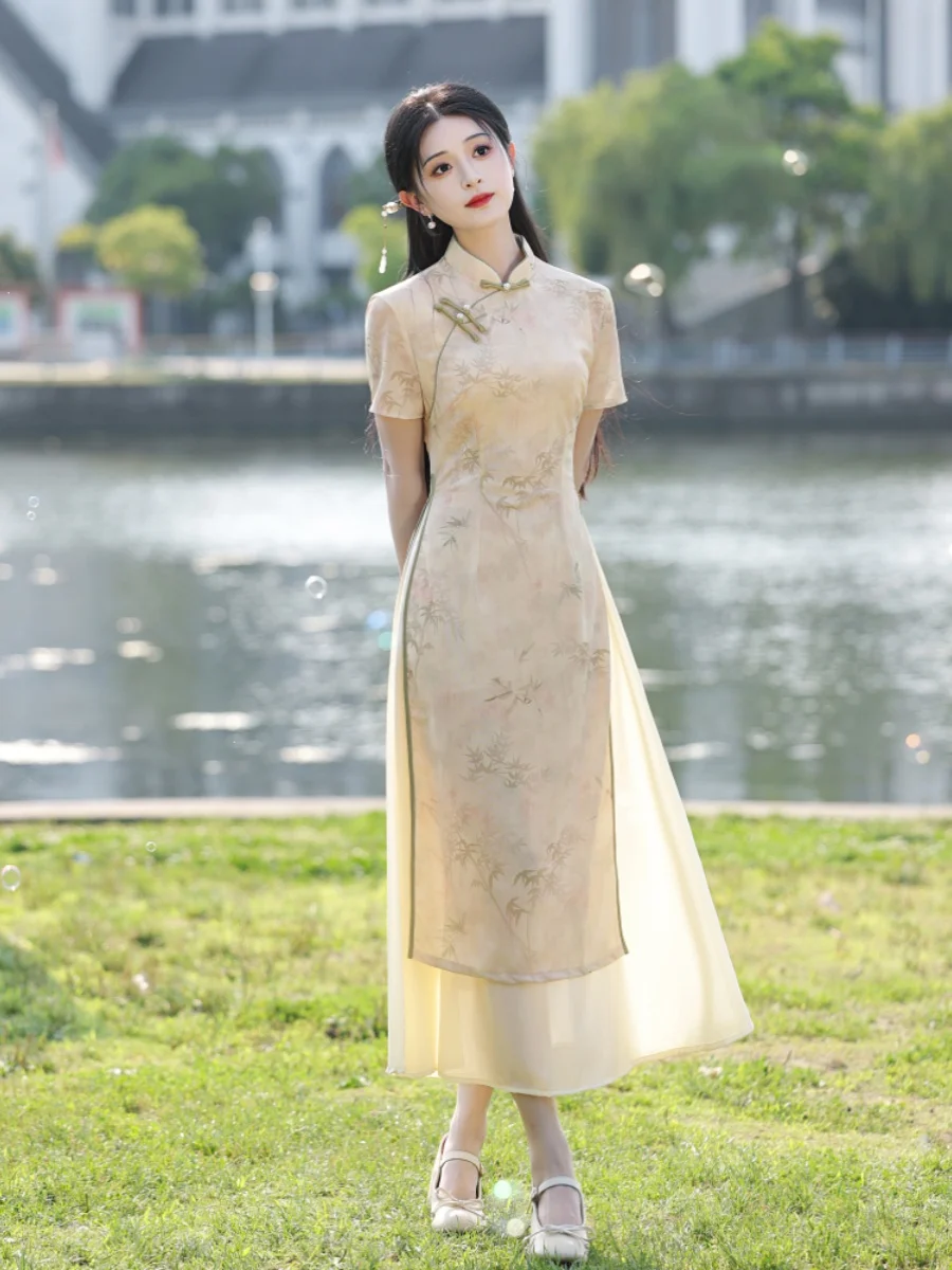 Young Style  Elegant Long Dress Meat Concealing Slimming Daily Wear Polyester Fiber Short Sleeve Summer New Chinese ...