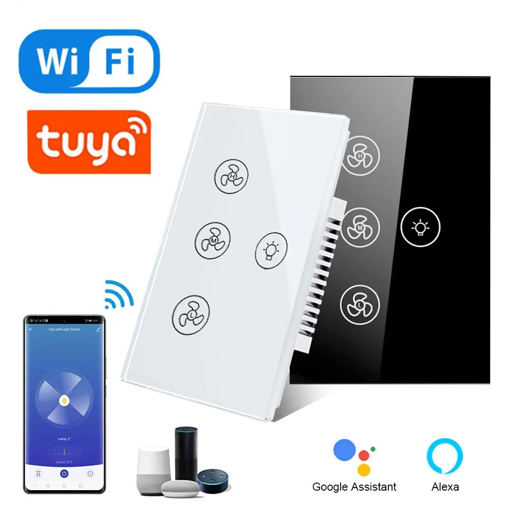 Tuya WiFi Ceiling Fan Light Smart Switch Wall Touch Glass Speed Control