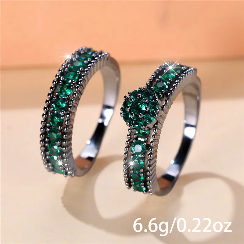 Luxury Female Green Round Ring Set Trendy Black Gold Color Engagement Bride Wedding Jewelry Gift For Women