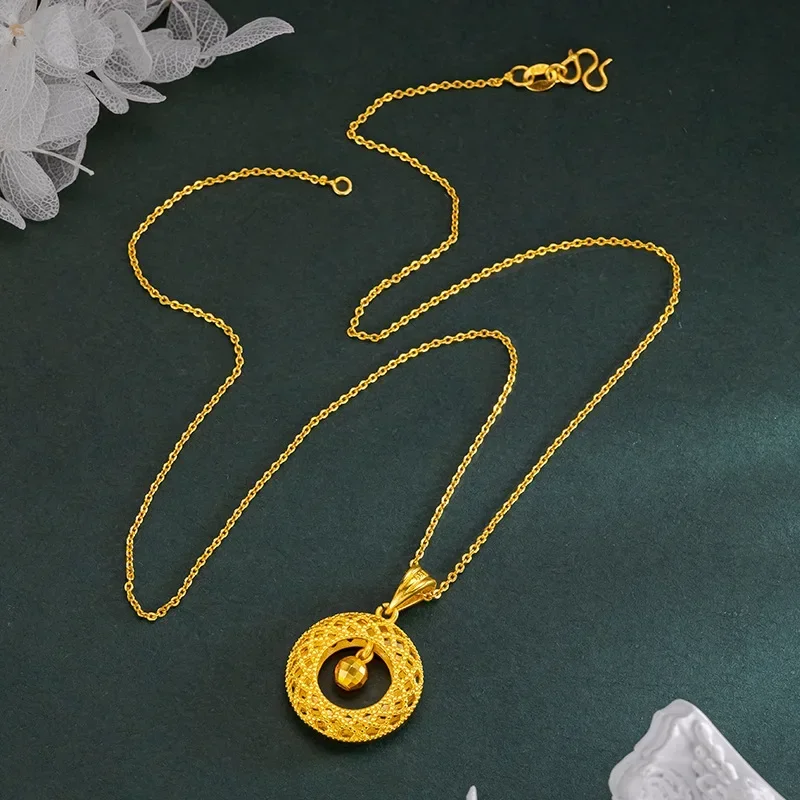 High quality 999 spiral bead safety buckle womens clavicle chain floral wire hollow round necklace 18K real gold jewelryGift