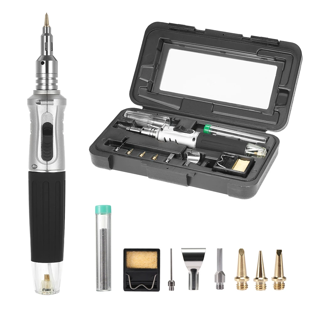 Soldering Iron Kit 10 In 1 Gas Soldering Iron Case Set Multifunctional Automatic Ignition Butane Lighter Cordless Welding Torch Pen Repair Tool Kit