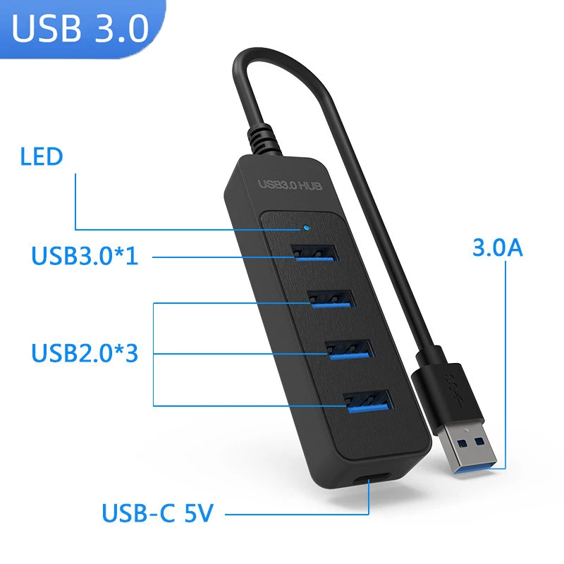 USB 3.0 Power Adapter 4 Port Multi USB Splitter Hub Hub 2.0 Type C HUB Multiple Expander High Speed For Laptops PC Computer