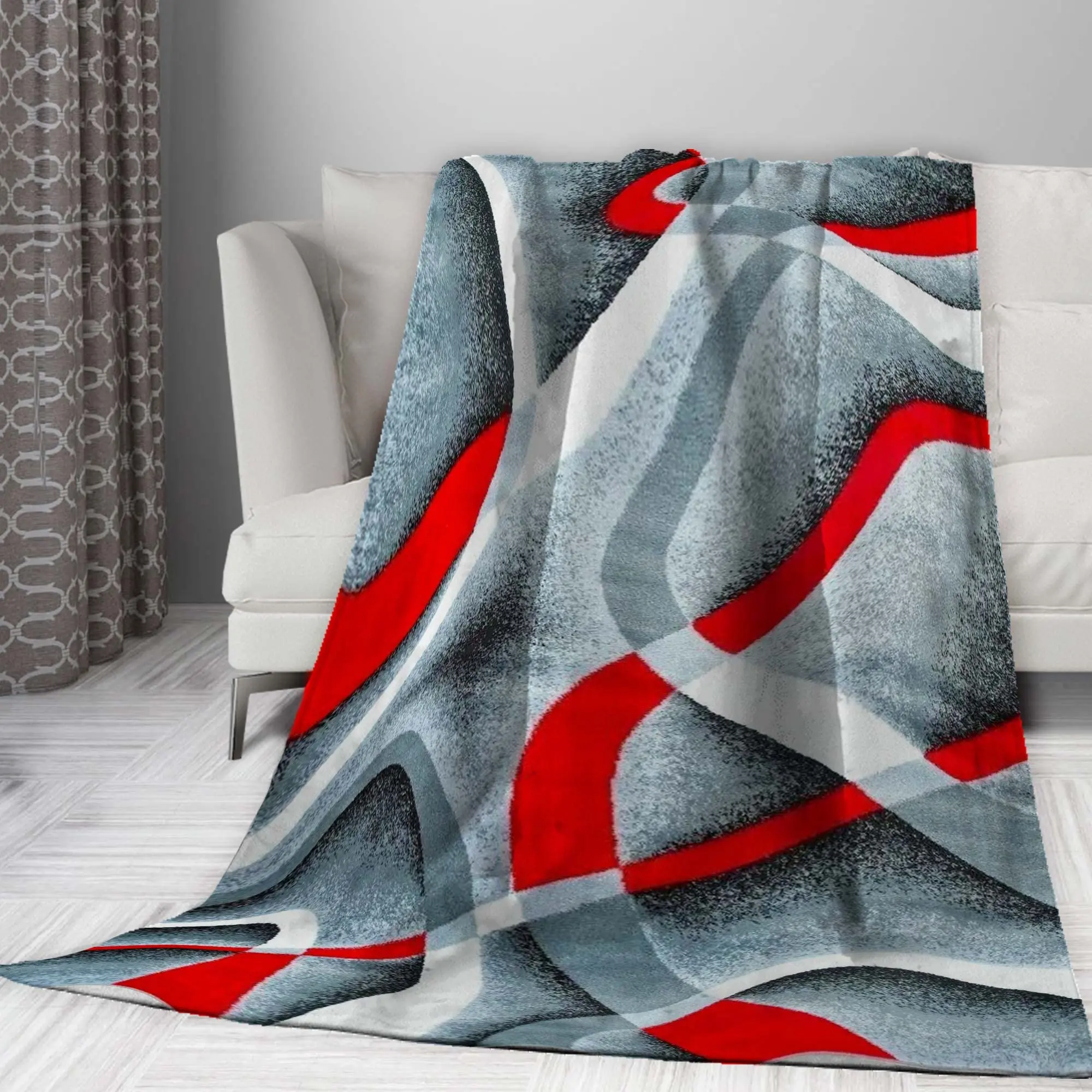 Flannel Blanket Gray Black Red White Swirls Throw Blanket For Sofa