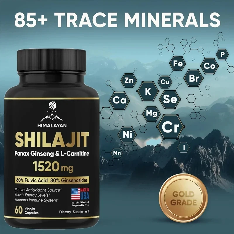 Shilajit Resin Supplements Pure Himalayan Shilajit Supplement 60 Capsules 60% Fulvic Acid 85 Trace Minerals Containing Ginseng and L-Carnitine
