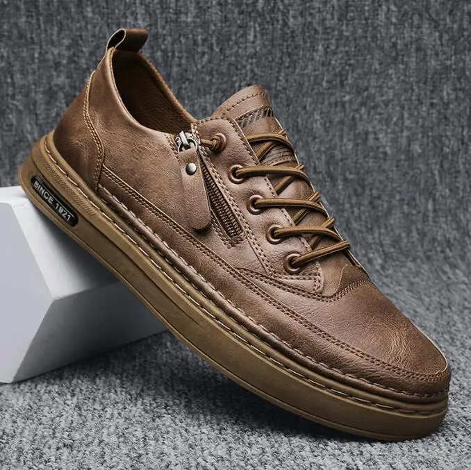 

Handmade LeatherMen's Casual Shoes Trendy Microfiber Lace Up Men's Flat Board Shoes Outdoor Men's Sport Shoes With Side Zipper