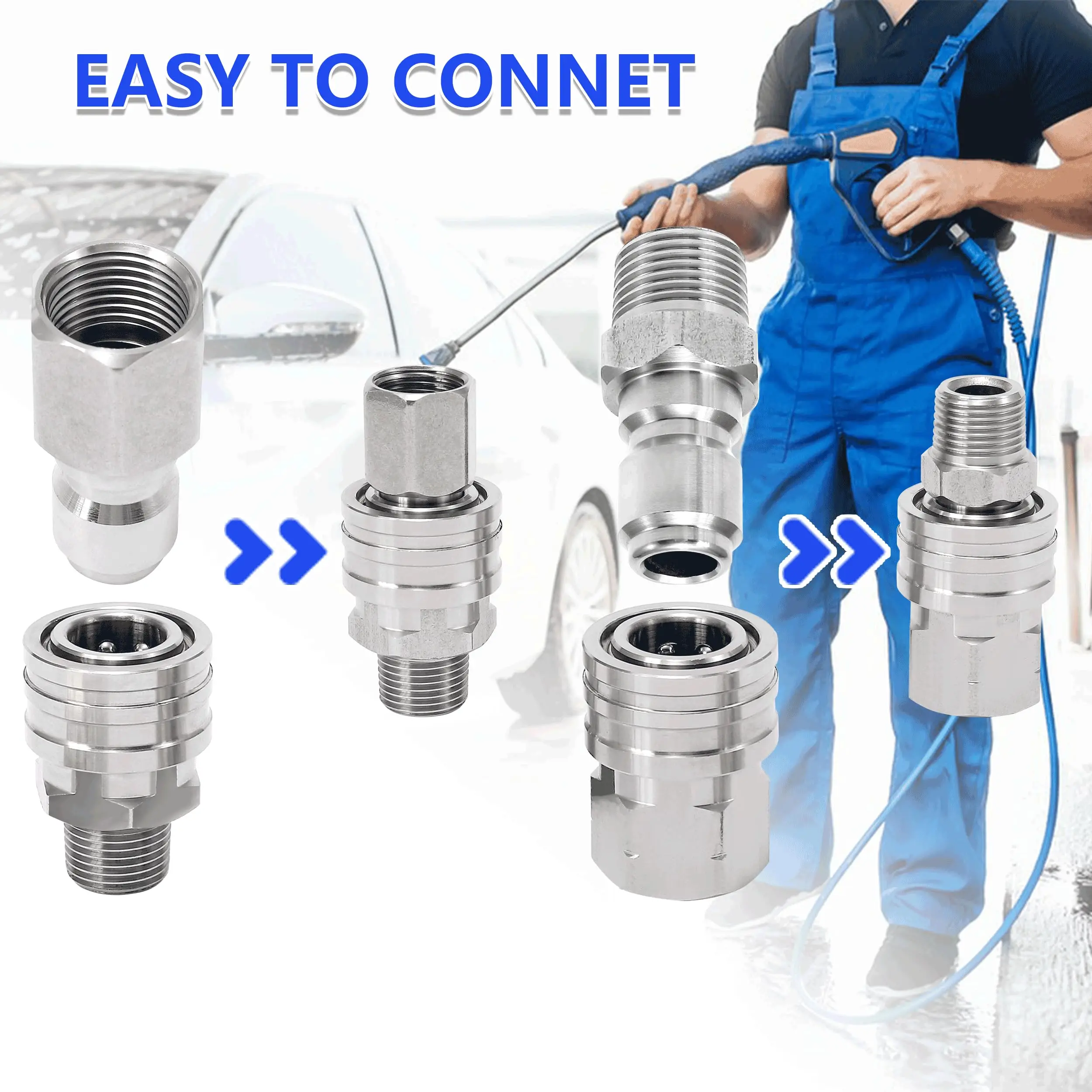 Stainless Steel Quick Connect Pressure Washer Coupler - 1/4 Inch Male & Female Threaded Accessories