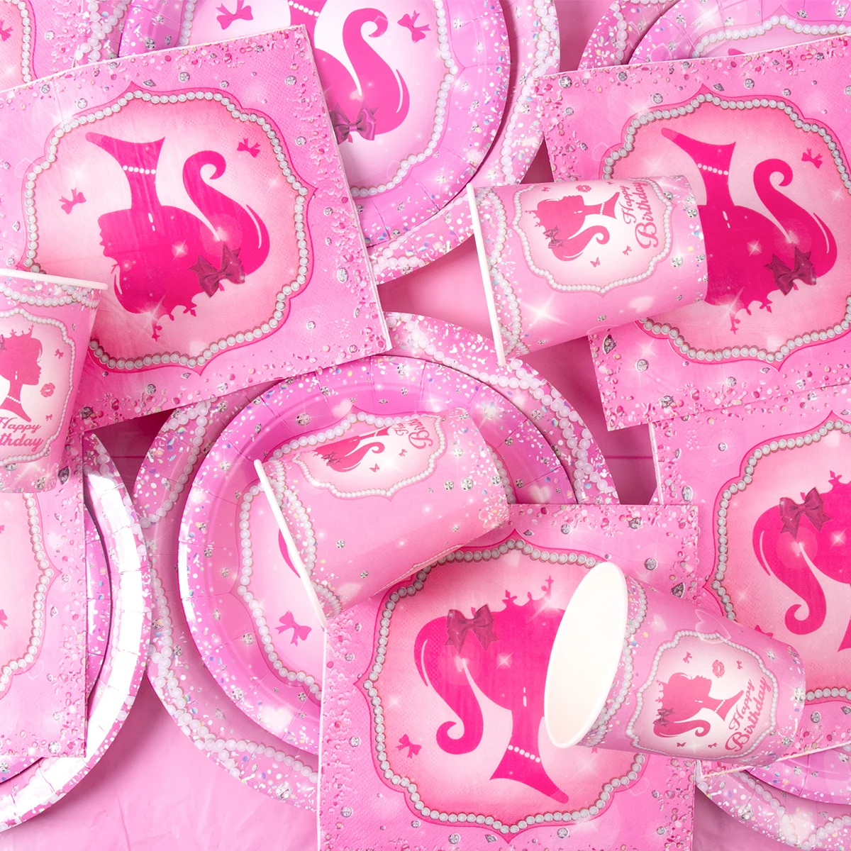 thumbnail image 5 of Juego de vajilla desechable con temática de muñeca de princesa para niña, plato de papel rosa, taza, servilleta, decoración de fiesta de cumpleaños, 5 of 5