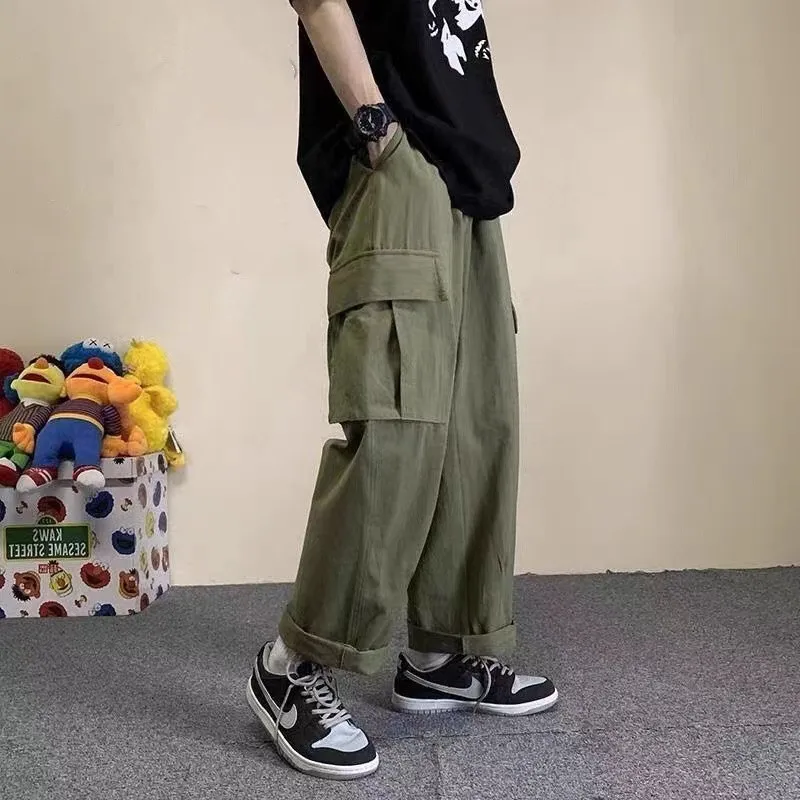 

2022 Men's Fashion Trend Overalls Loose Straight Pants Retro Multi Pocket Casual Pants Green/black/white Baggy Trousers M-3XL