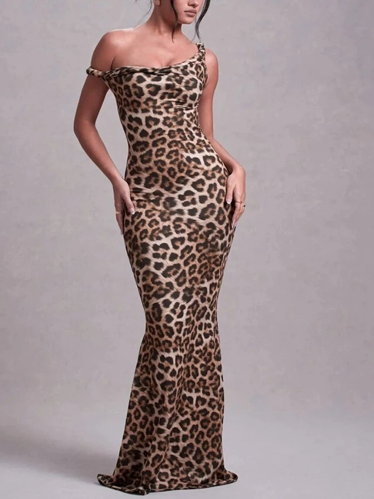 Fashion New Strappy Sexy Halter Dress Irregular Collar Suspender Slim Women's Medium and Long Printed Evening Dress