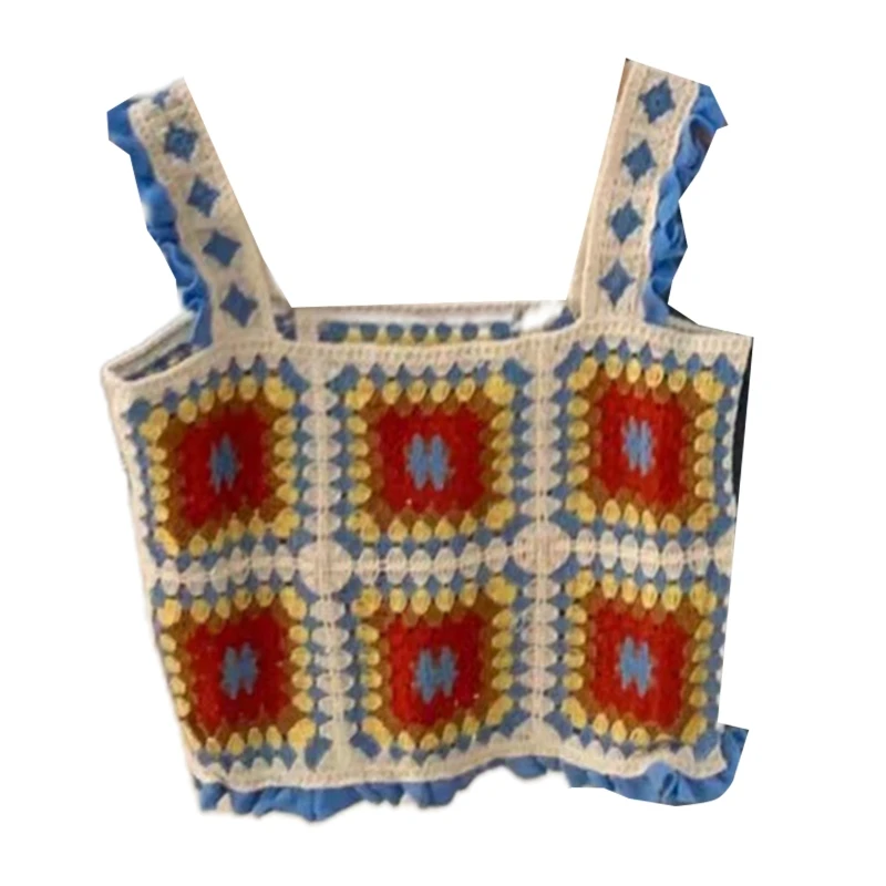 

Lovely Women's Summer Camisole Sleeveless Boho Cropped Tops Casual Ethnic Style Crochet Openwork Knit Tank Beachwear